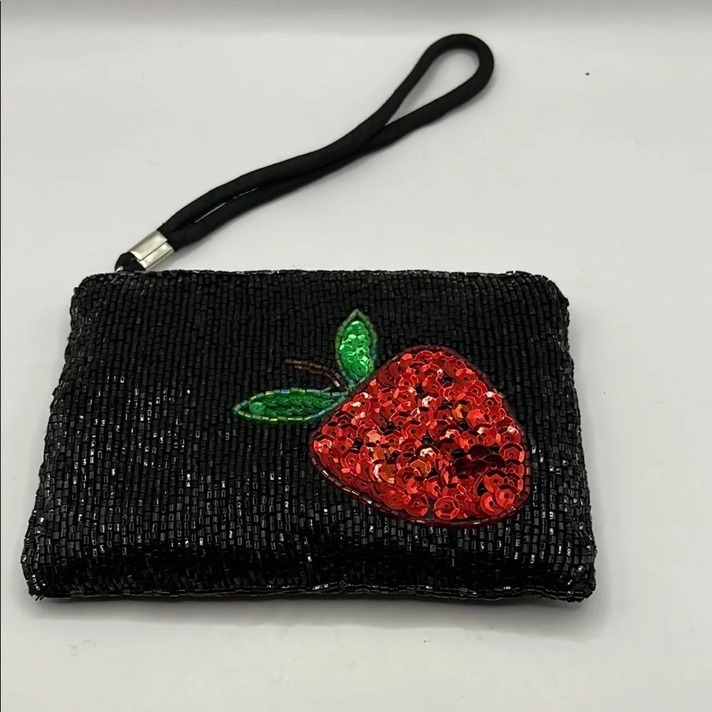 Strawberry Black Sequin Clutch with Red Strawberry Design